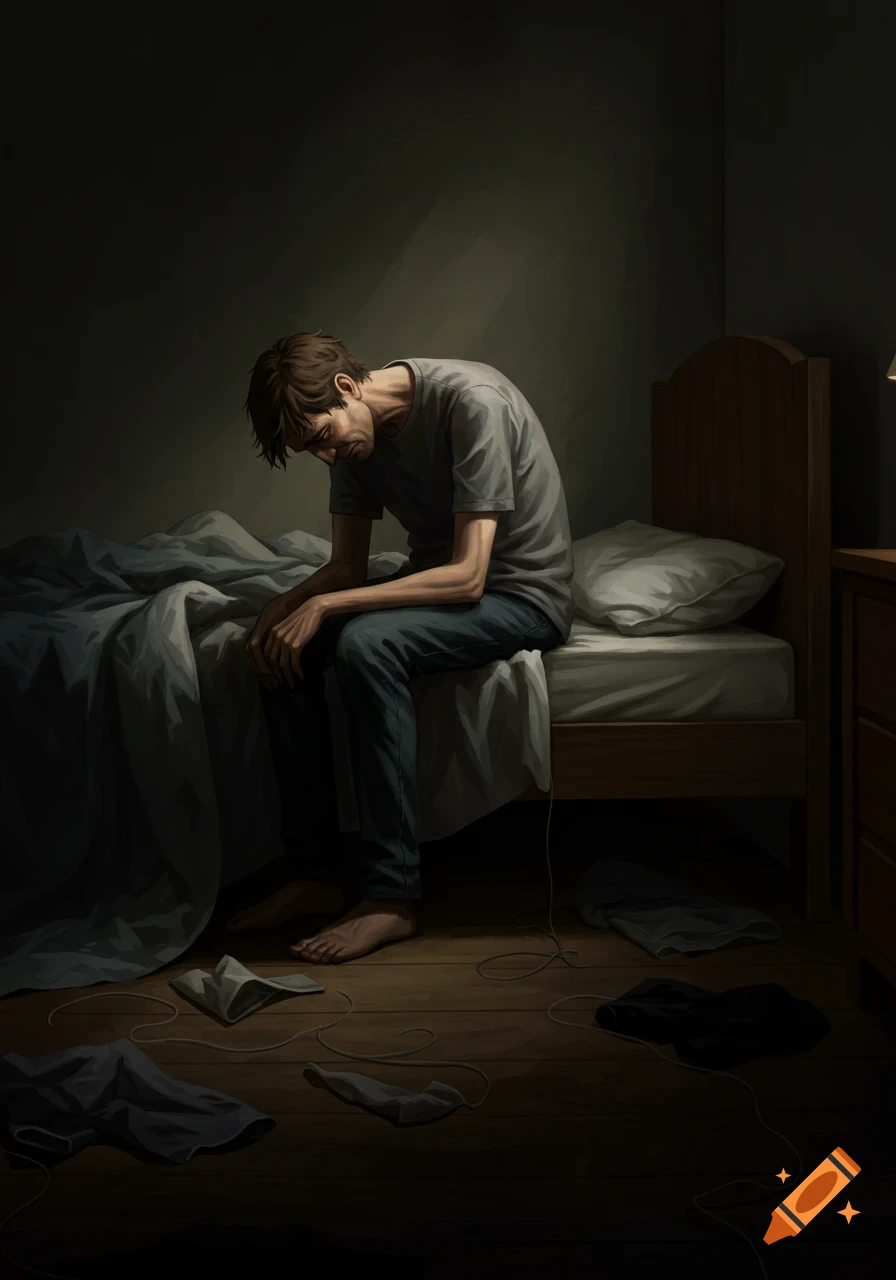 Illustration of a depressed man sitting on a bed in a dark room