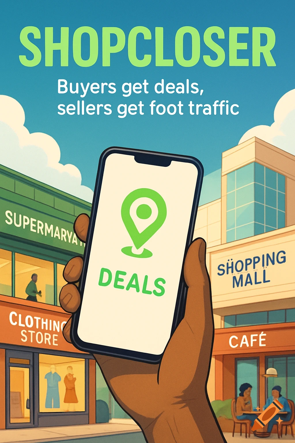 Hand holding phone with shopping app DEALS overlaying retail buildings and text SHOPCLOSER Buyers get deals, sellers get foot traffic.