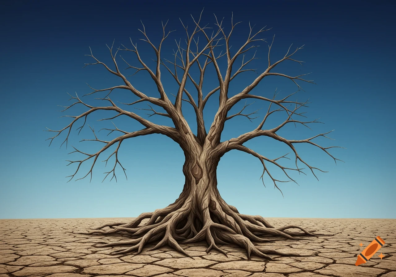 A dead tree with widespread roots in cracked dry earth under a blue sky, illustrated style.