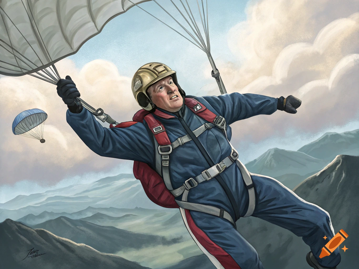 A man resembling Donald Trump skydiving over mountains.