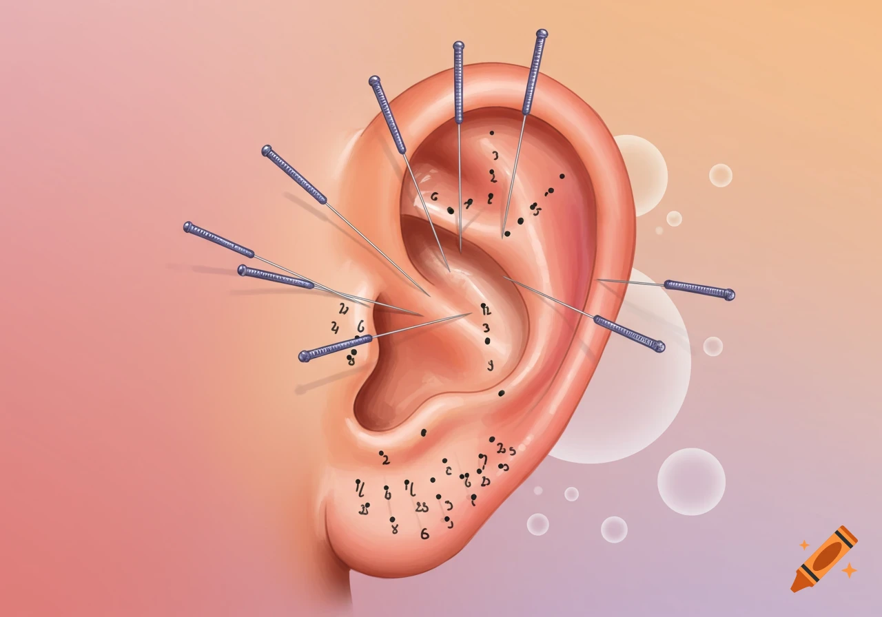 Illustration of an ear with acupuncture needles and points labeled