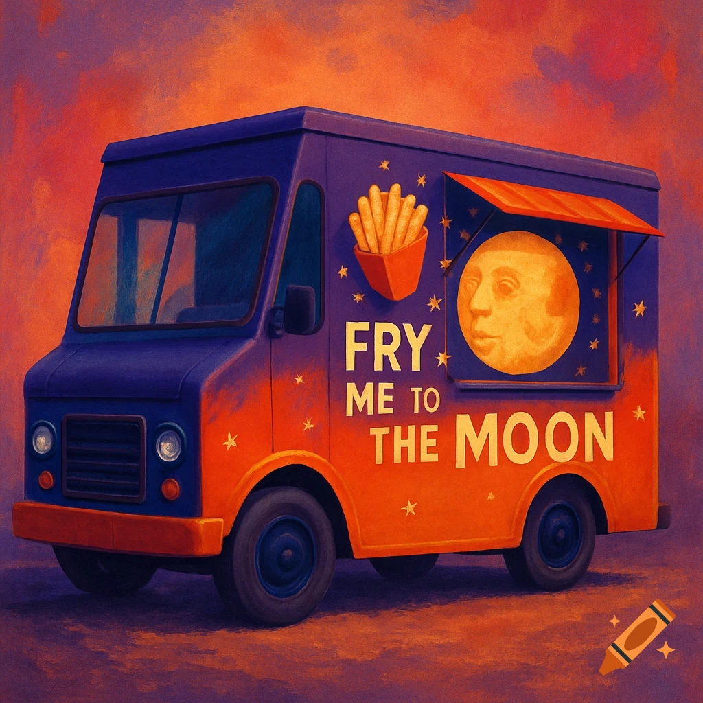 Painted food truck with 'Fry Me To The Moon' text, french fries, and a moon with a face against an orange and purple background.