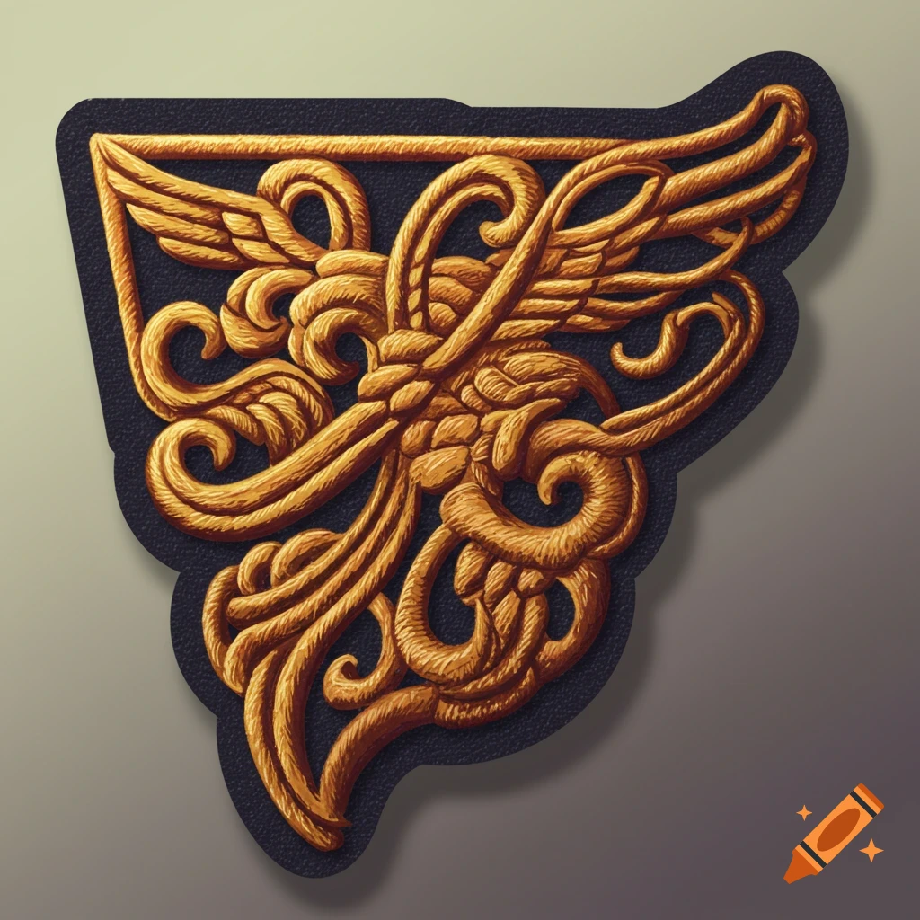A gold decorative patch with an ornate design featuring swirling patterns and wings on a black background.