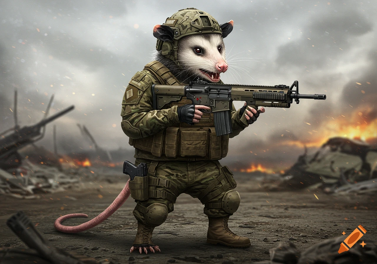 A possum wearing military fatigues and helmet holds a rifle in a war-torn landscape.