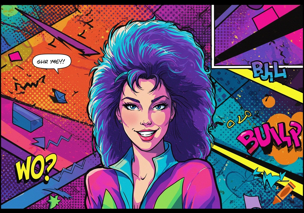 80s comic book illustration of a woman with large purple hair smirking against a pop art background with text bubbles.