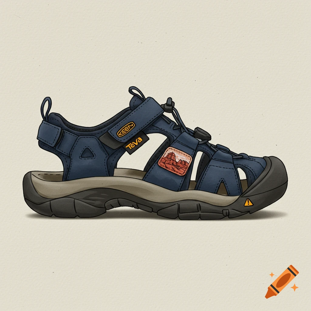 Illustration of a blue sandal with a Grand Canyon patch.