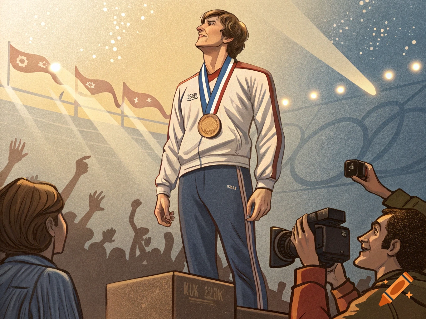 Illustration of an athlete on a podium with a medal, crowd and photographers.
