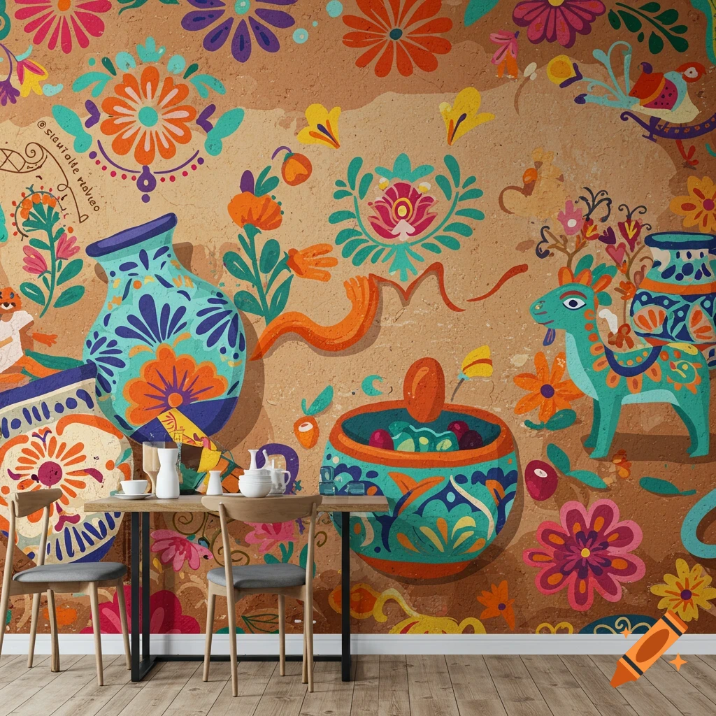 A vibrant wall mural in Mexican folk art style with colorful flowers, pottery, and stylized animals above a table.
