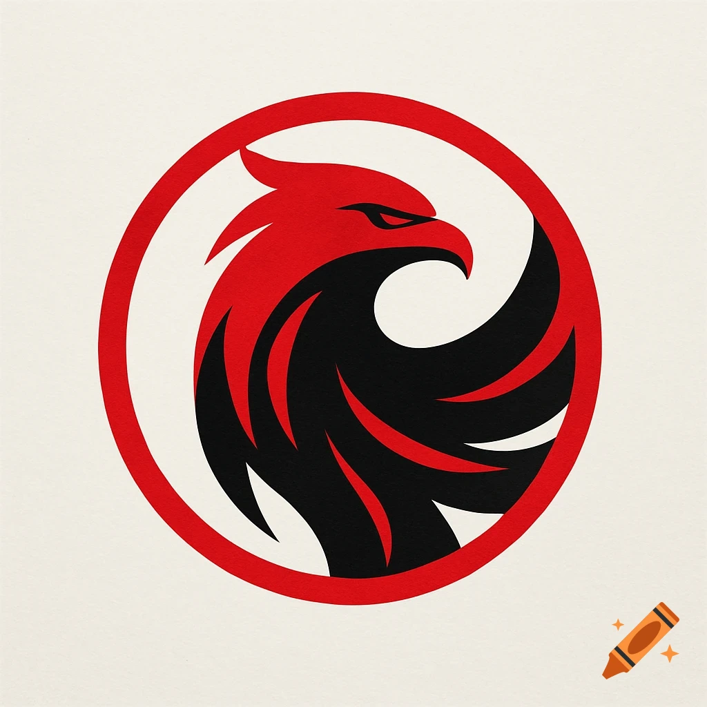 Red and black stylized eagle head logo in a red circle