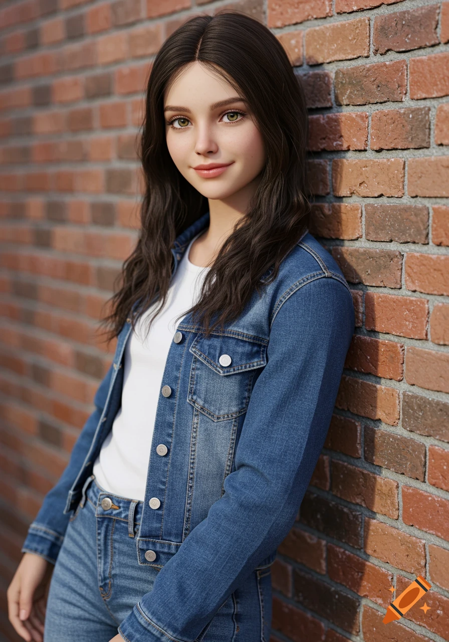 Realistic portrait of a teenage girl with long dark hair, green eyes, wearing a white shirt and denim jacket, leaning against a brick wall.