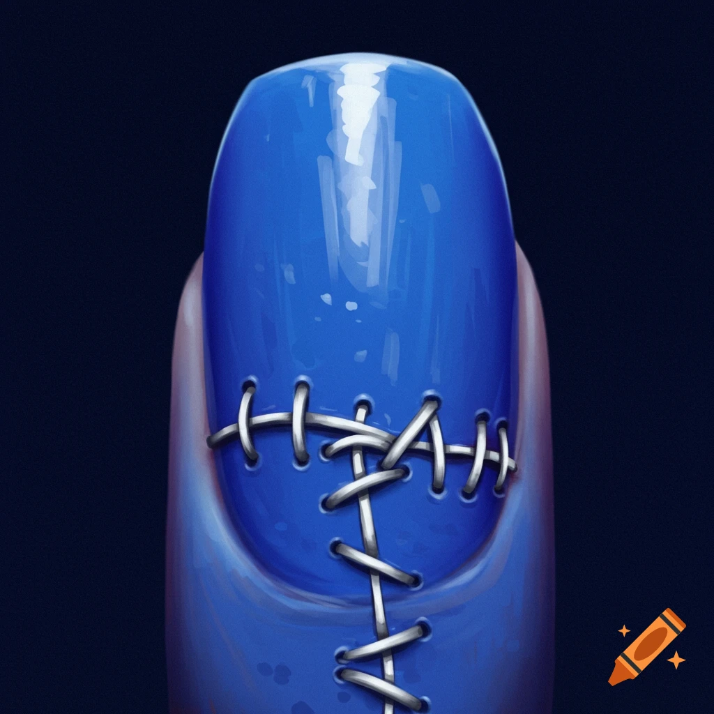 Close-up of a blue painted nail with stitches sewn across it.
