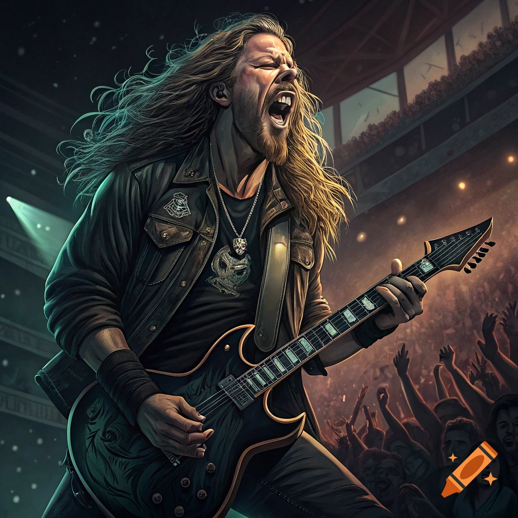 Long-haired rock musician plays black guitar and sings on stage during a concert.