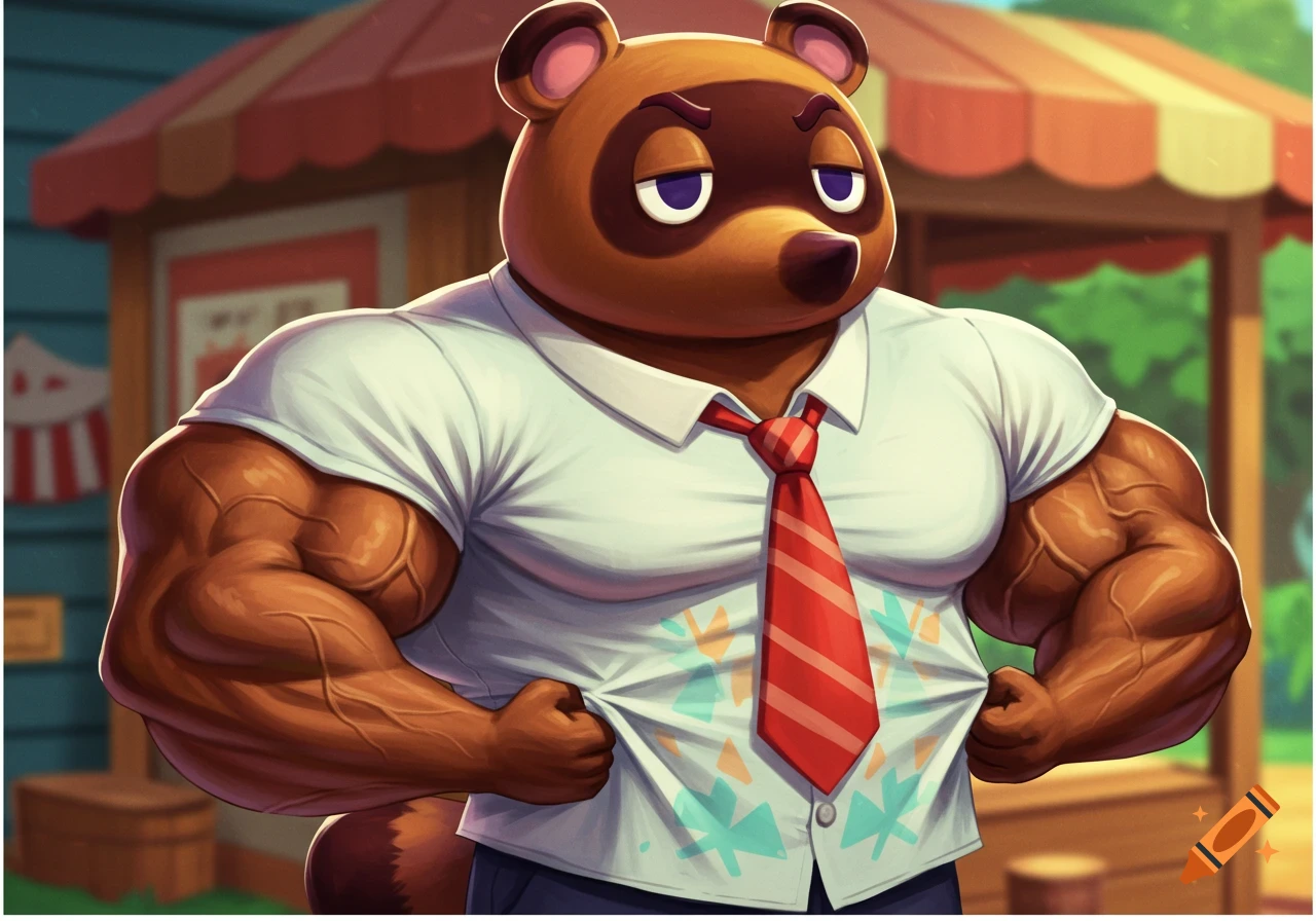Muscular Tom Nook from Animal Crossing in a white shirt and red tie.