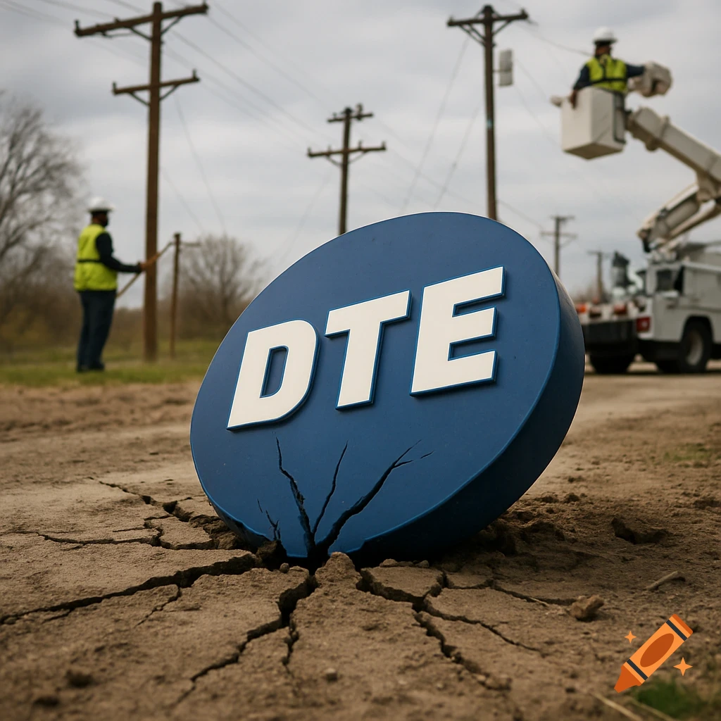 A large DTE logo lies crashed into cracked earth, with utility workers fixing power poles in the background.