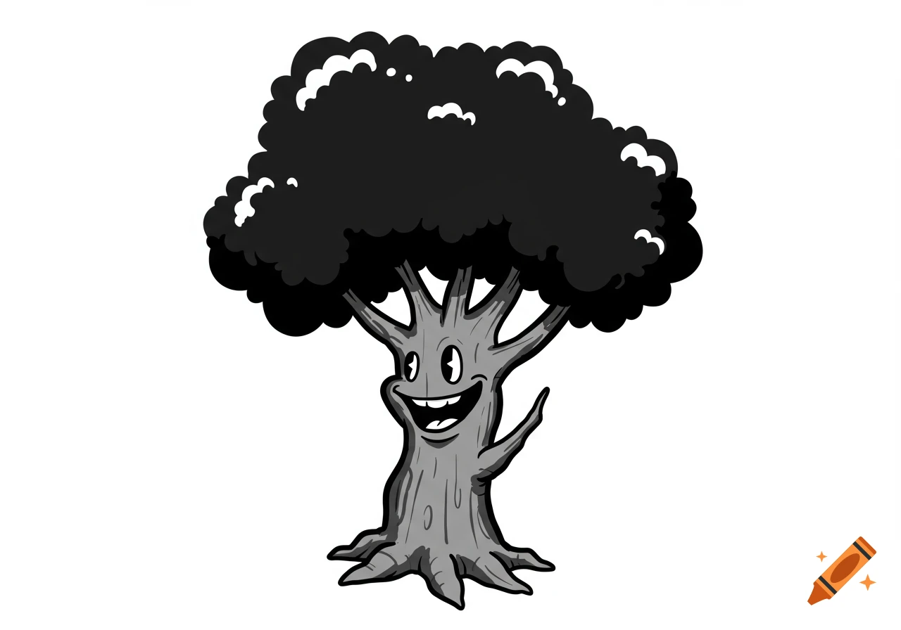 A black and white cartoon of a tree with a happy face.