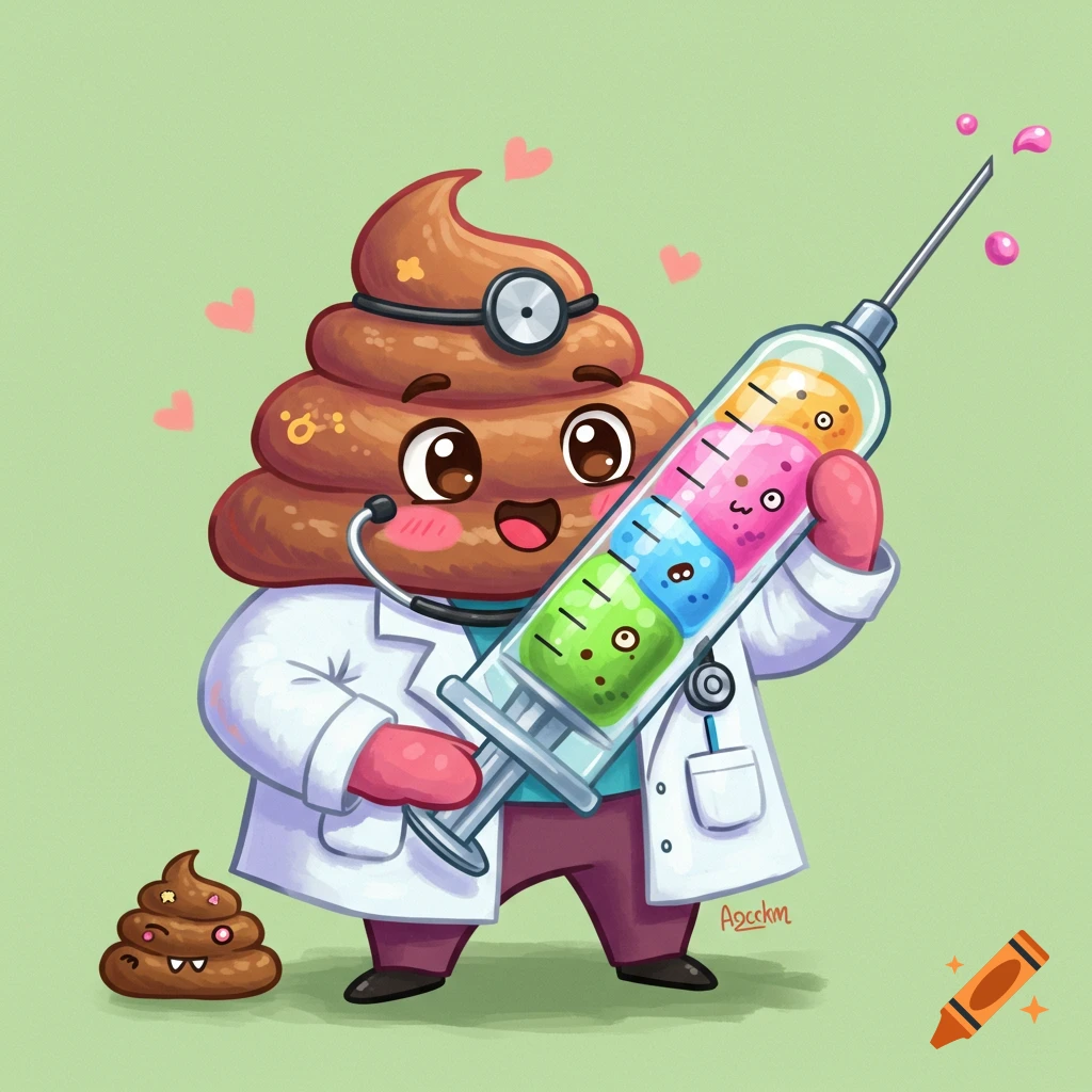 Cartoon poop pile doctor holds syringe filled with colourful characters.