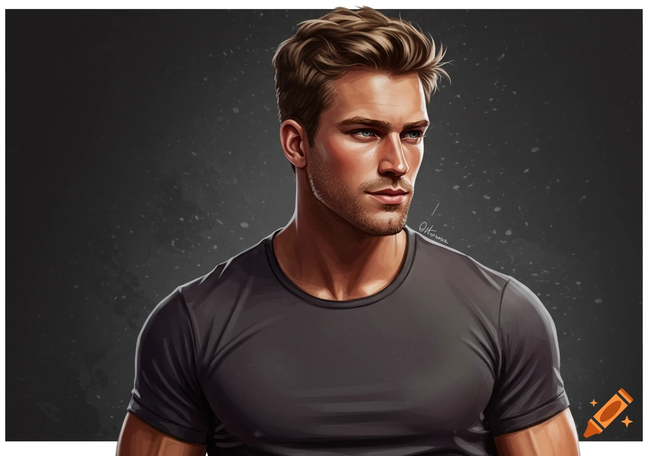 Digital art portrait of a handsome man with styled brown hair and a gray t-shirt.