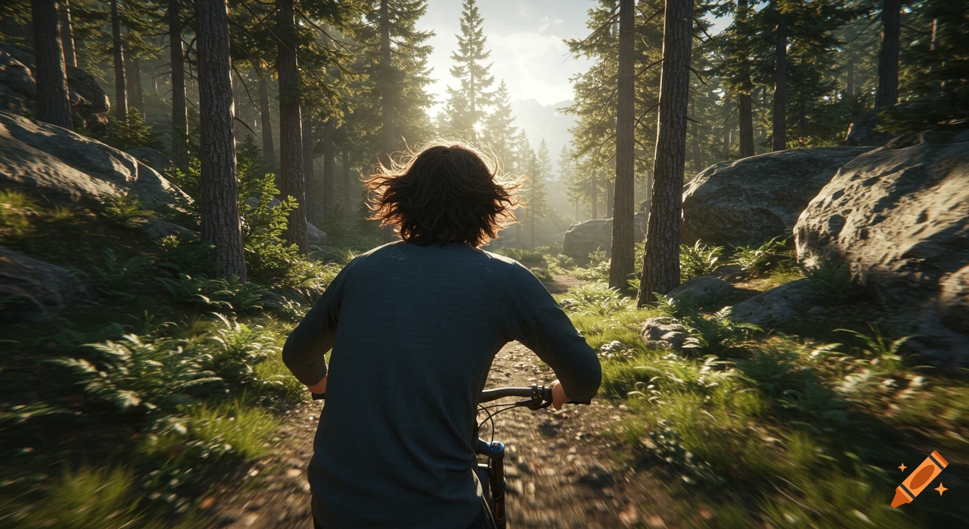 Rear view of a person biking on a trail through a sunlit forest.