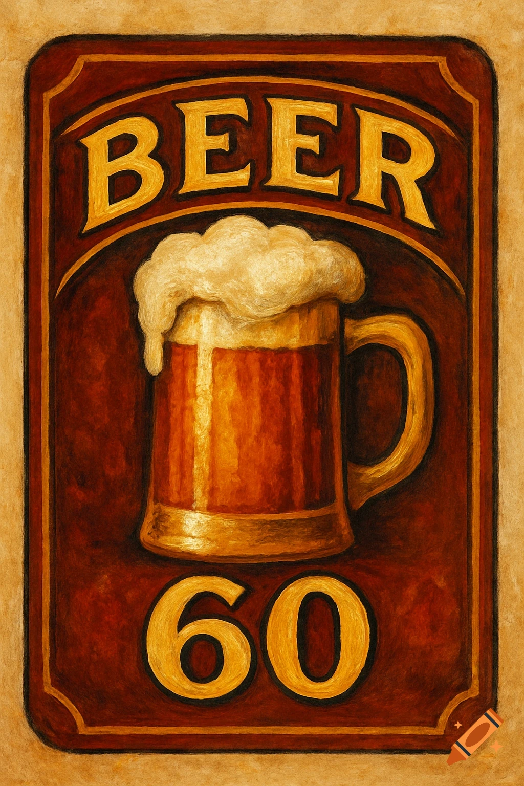 Painterly beer label with a mug of beer, text 'BEER' and '60'.