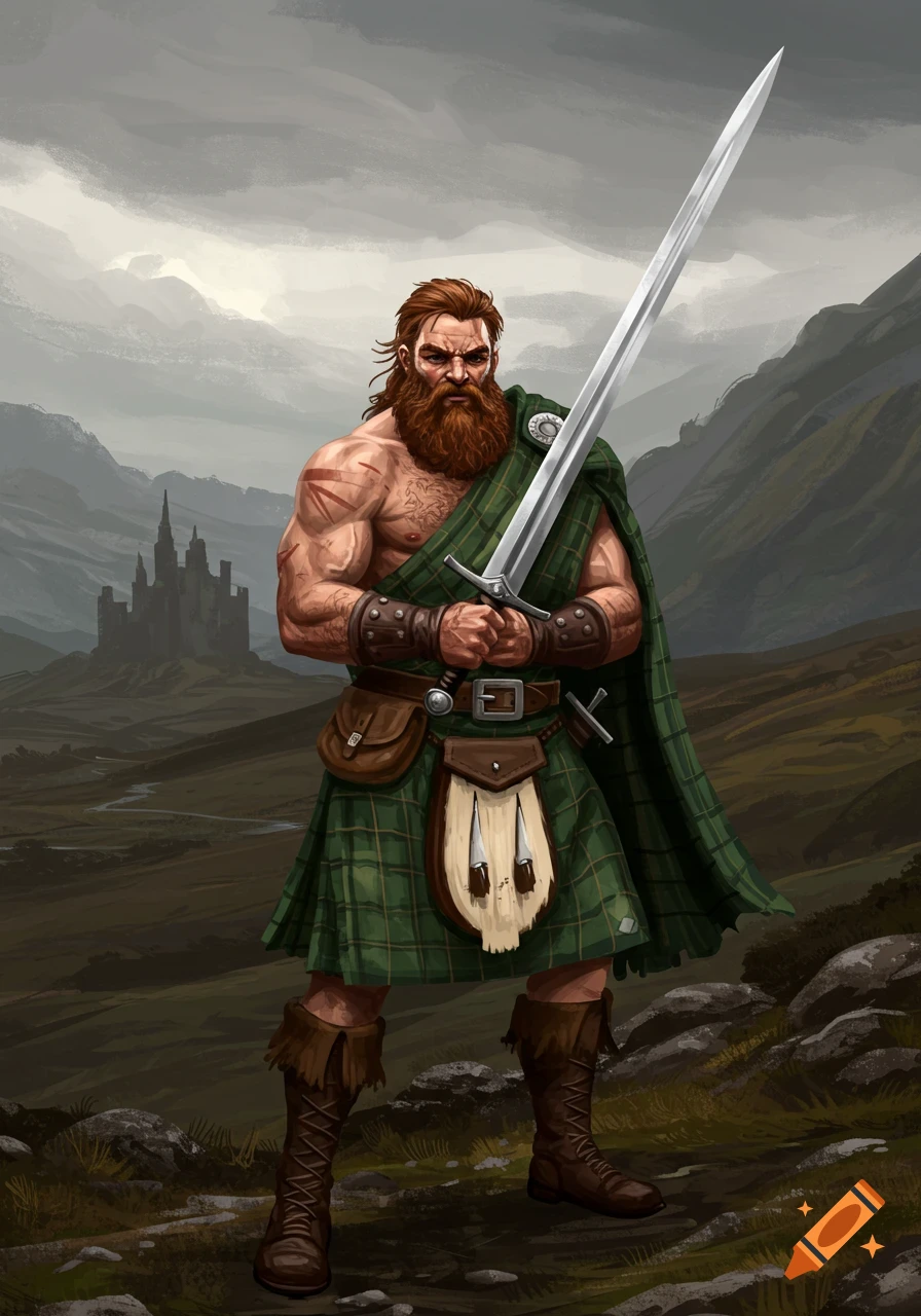 A muscular Scottish highlander in a green kilt holds a large claymore sword on a rocky moor with a castle in the background.