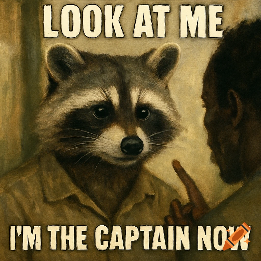 A raccoon in a shirt faces a person, with the meme text 'LOOK AT ME I'M THE CAPTAIN NOW' above and below.