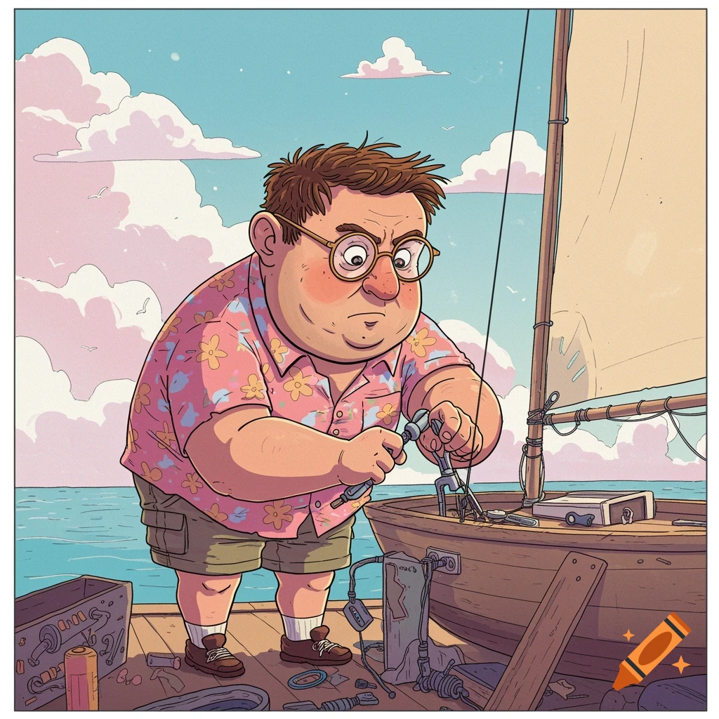 Cartoon man with glasses fixes a sailboat on a dock with tools, illustrative style.