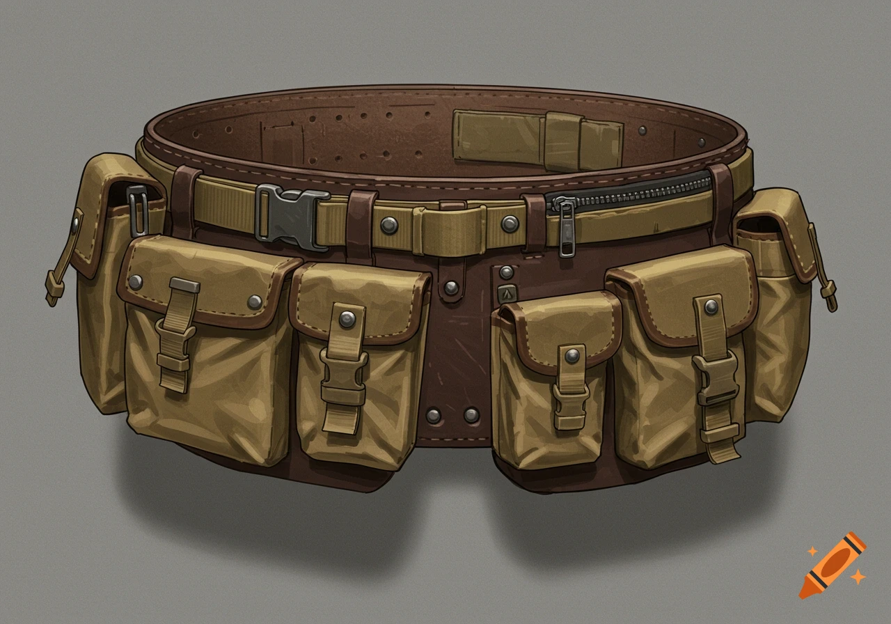 An illustration of a brown leather belt with many tan pockets and pouches