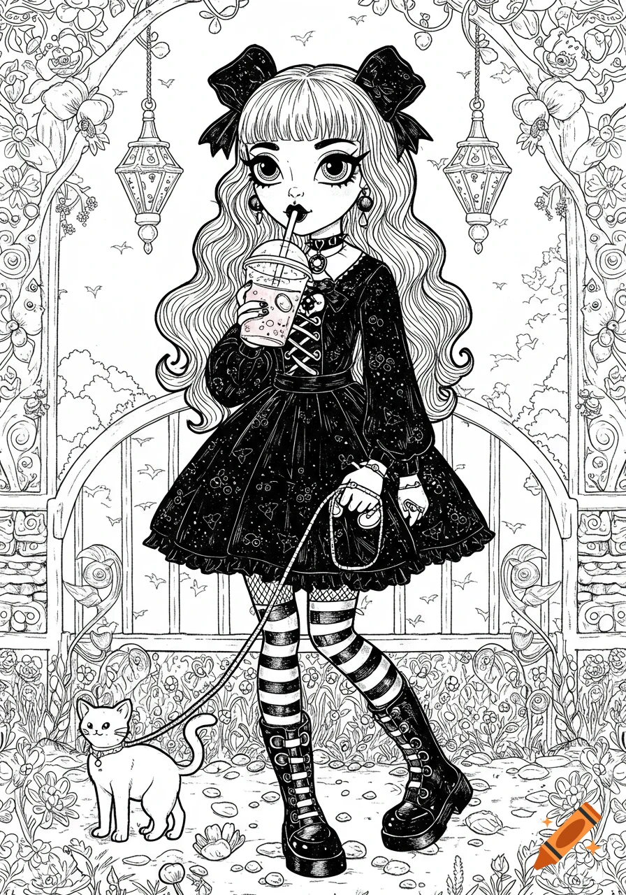 Gothic girl drinks bubble tea while walking cat on leash in cute line art style coloring page.