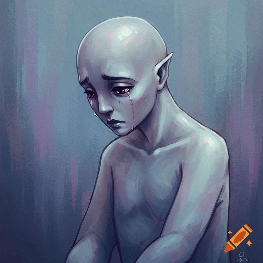 Digital illustration of a grey-skinned figure with pointed ears crying