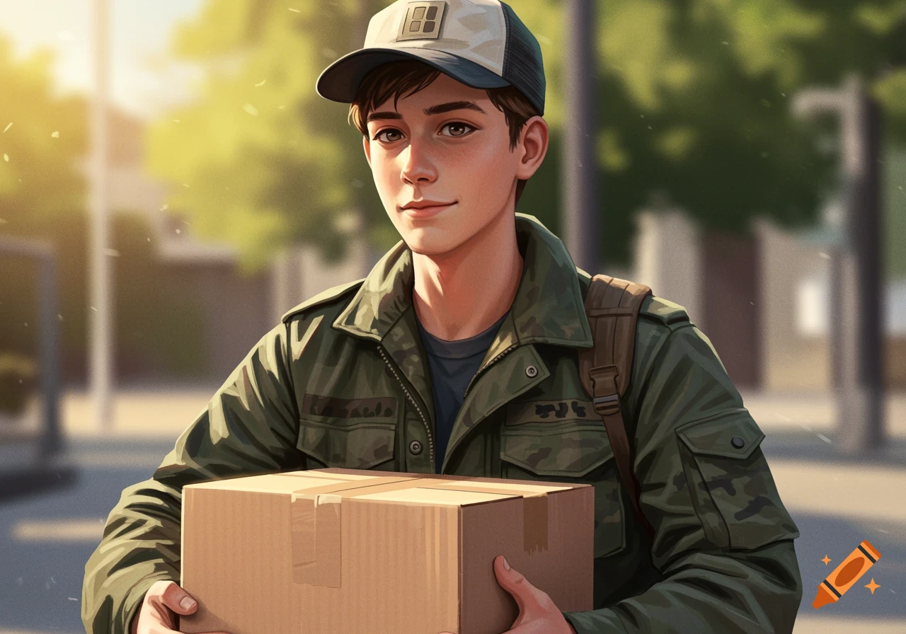 Illustration of a teenage boy in a cap and military jacket holding a cardboard box