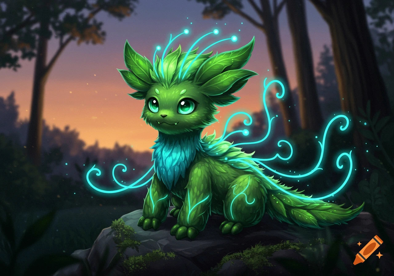 A cute green fantasy creature with glowing blue tendrils sits on a rock ...
