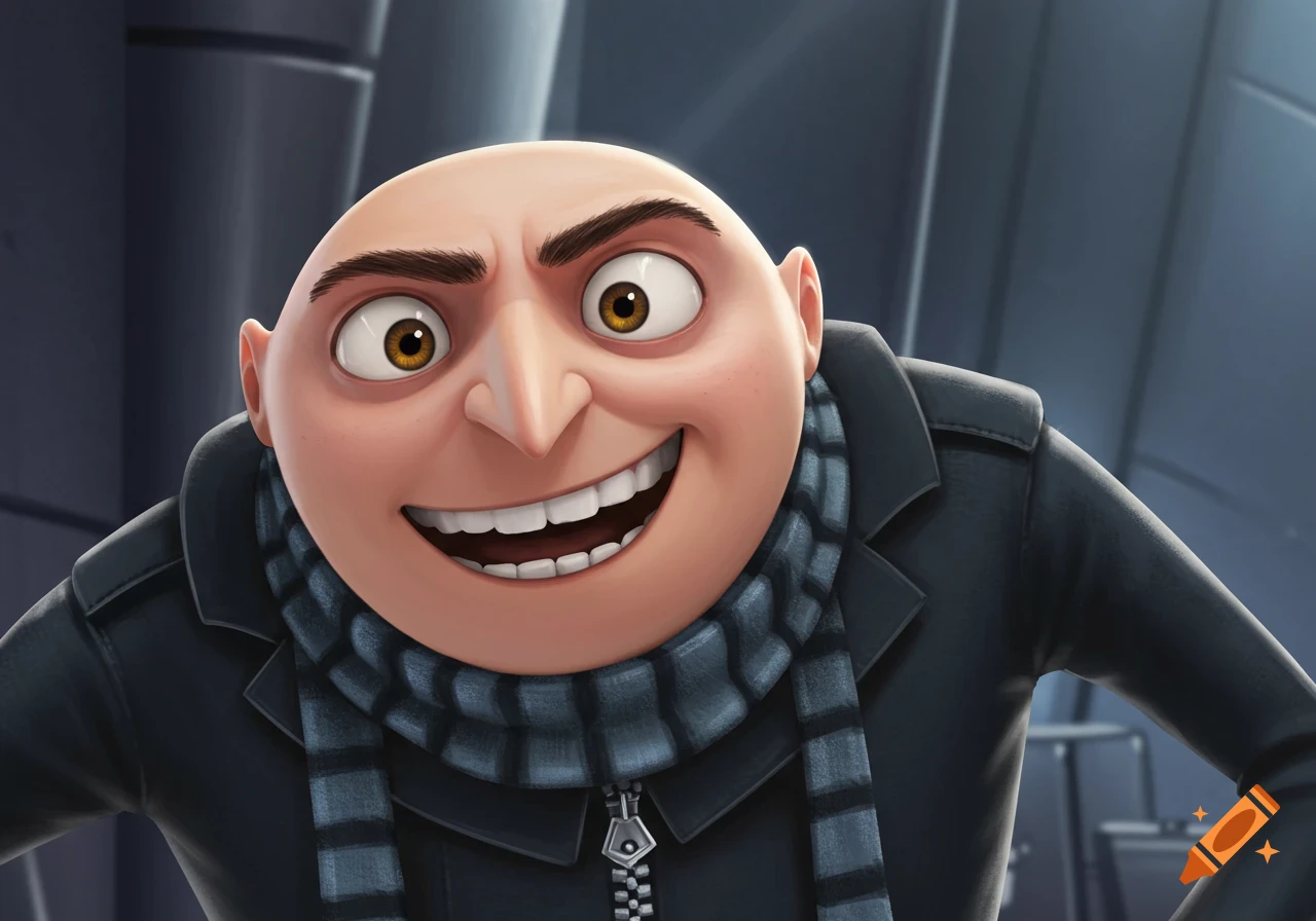A close-up shot of the cartoon character Gru from Despicable Me smiling broadly.