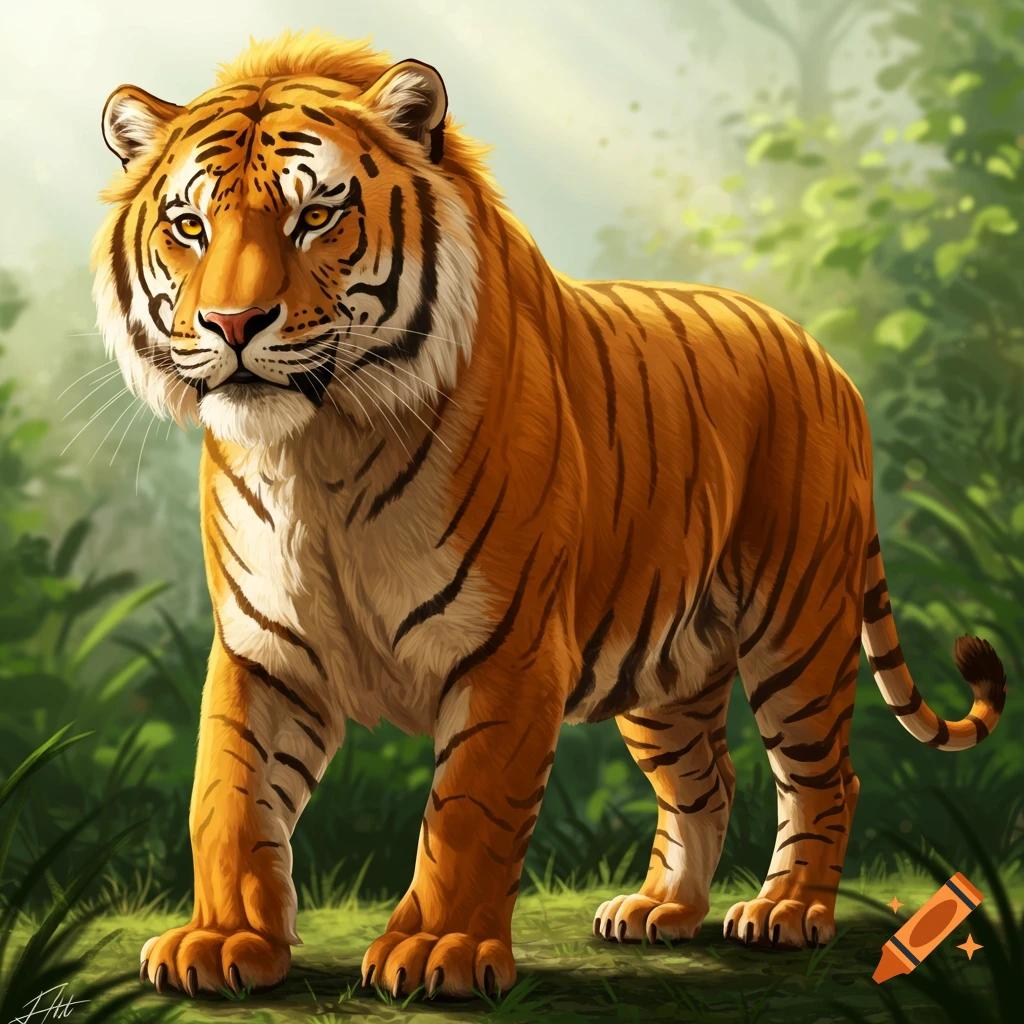 A detailed illustration of a tiger standing in a lush jungle setting.