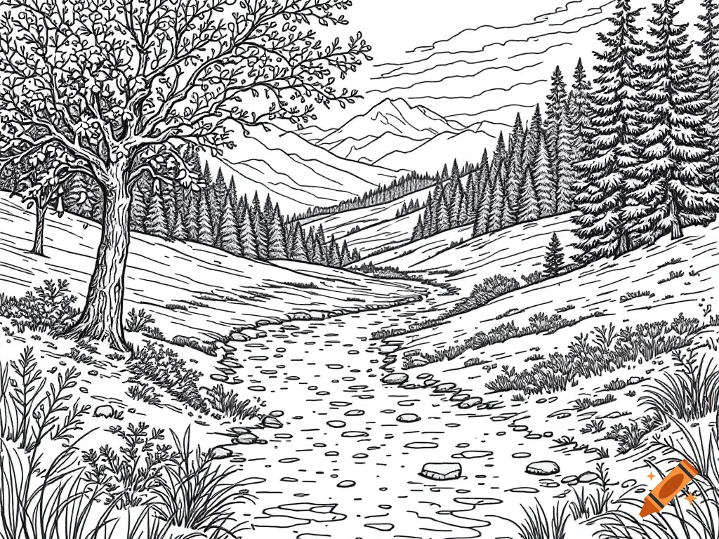 Black and white line art coloring page of a mountain landscape with a river, trees, and plants.