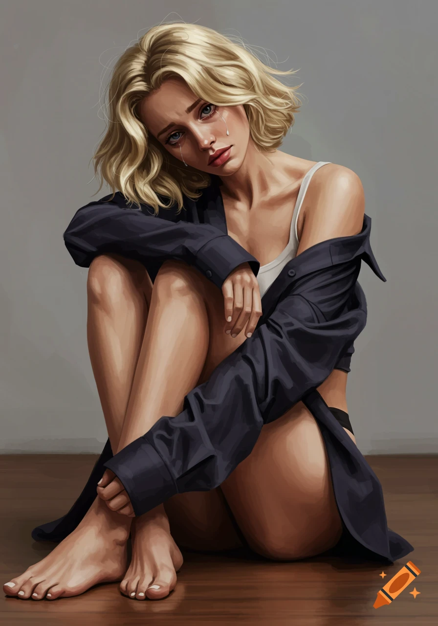 Digital painting of a sad blonde woman sitting on the floor, wearing a crop top and unbuttoned shirt, with tears.