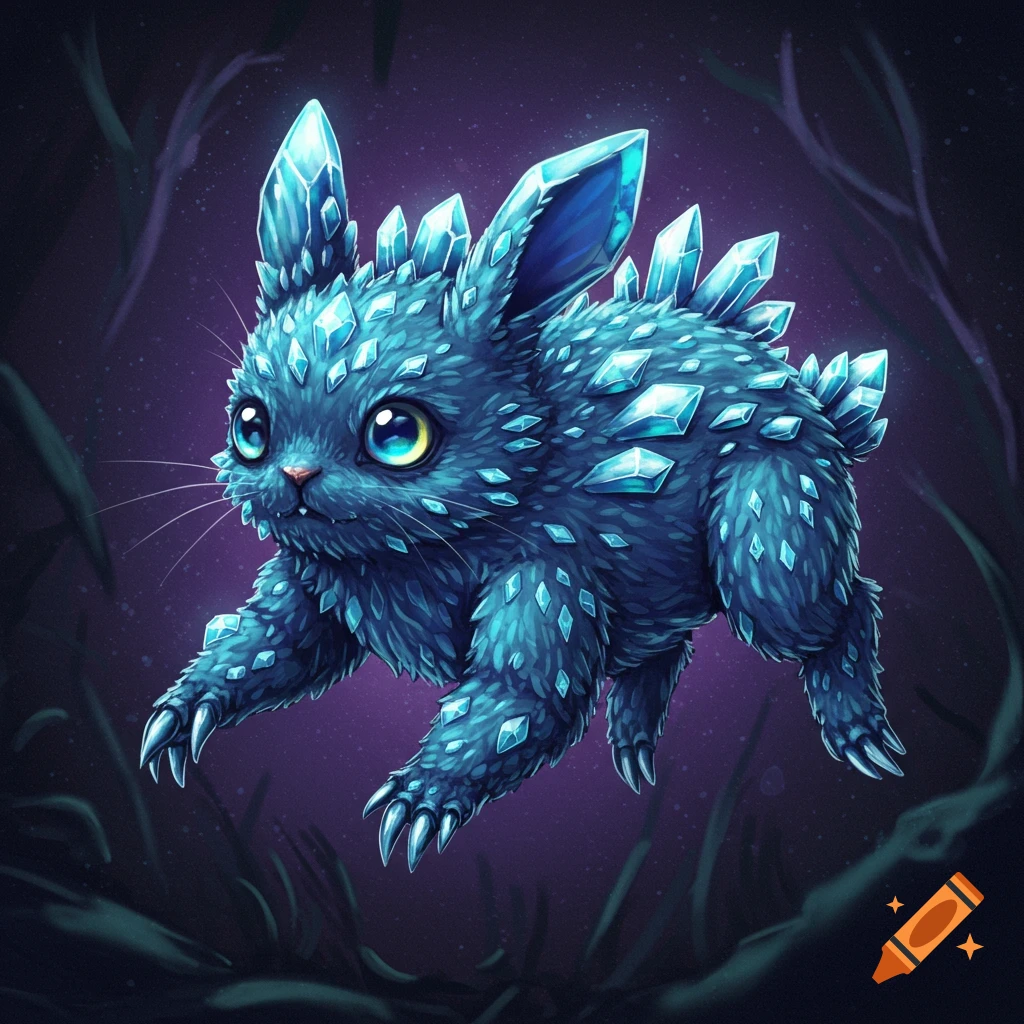 A dark blue, fluffy fantasy creature covered in large blue crystals, with big round eyes and sharp claws, in a dark forest.