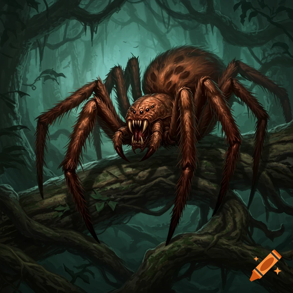 A large, hairy brown spider with fangs perches on a log in a dark, misty forest.