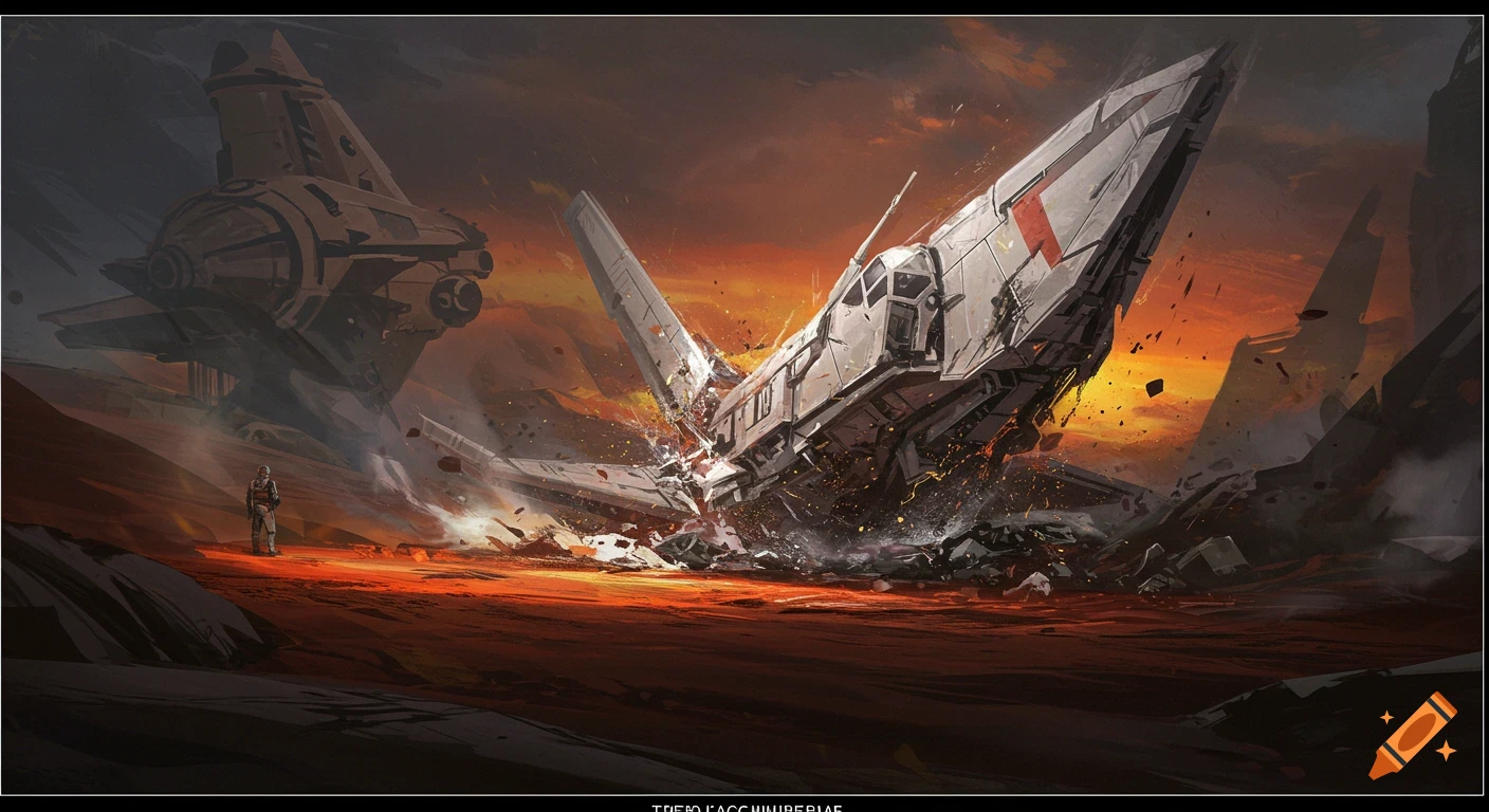 Concept art of a spaceship crashing on a fiery planet with another ship and figure.