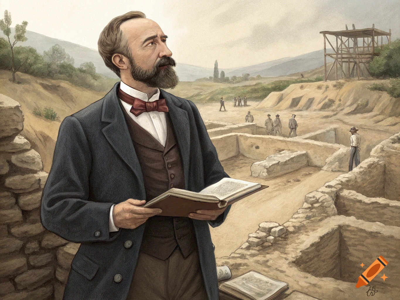 Painting of a man, likely Heinrich Schliemann, holding a book at an archaeological dig site.