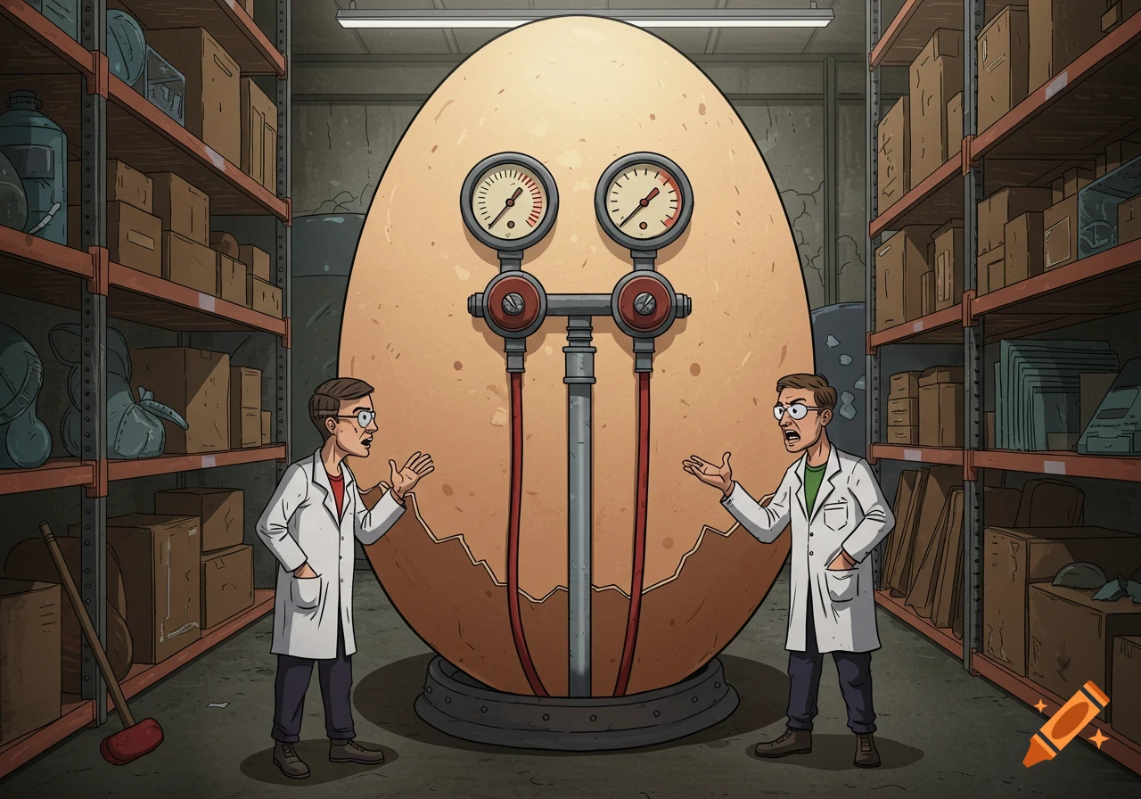 Cartoon illustration of two scientists arguing in a warehouse around a large egg-shaped pod with pressure gauges.