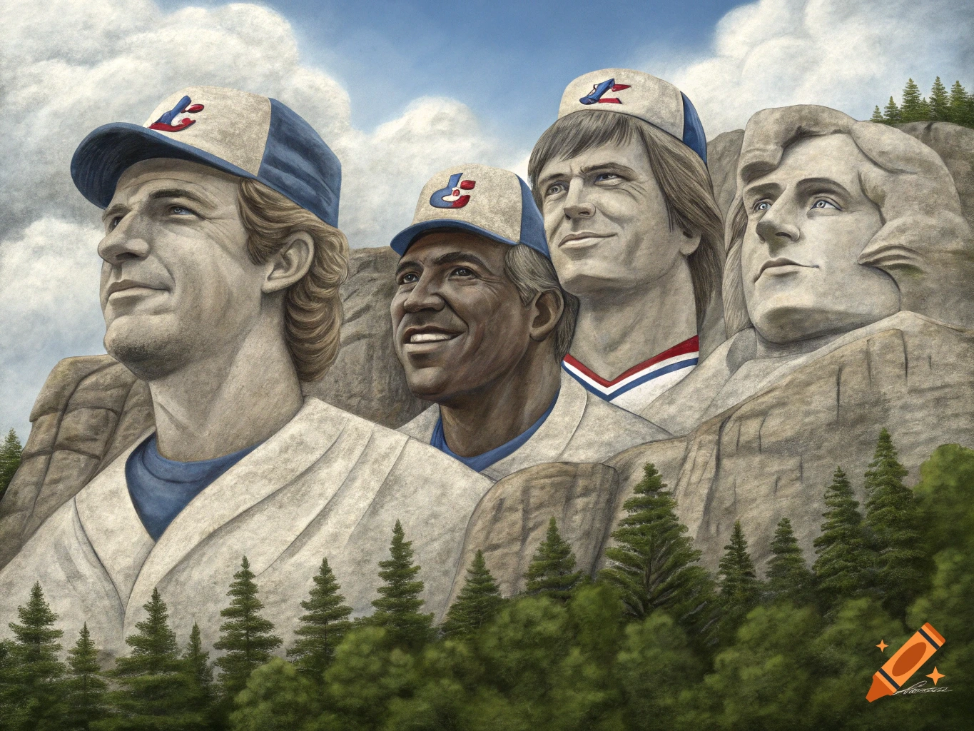Mount Rushmore carved with the faces of four baseball players wearing team caps, set against a cloudy sky and pine trees.