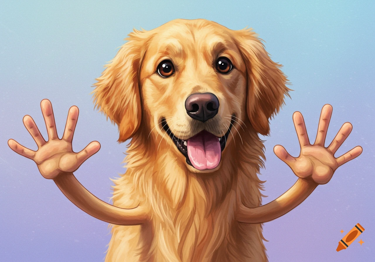 A golden retriever dog with human hands instead of paws waves.
