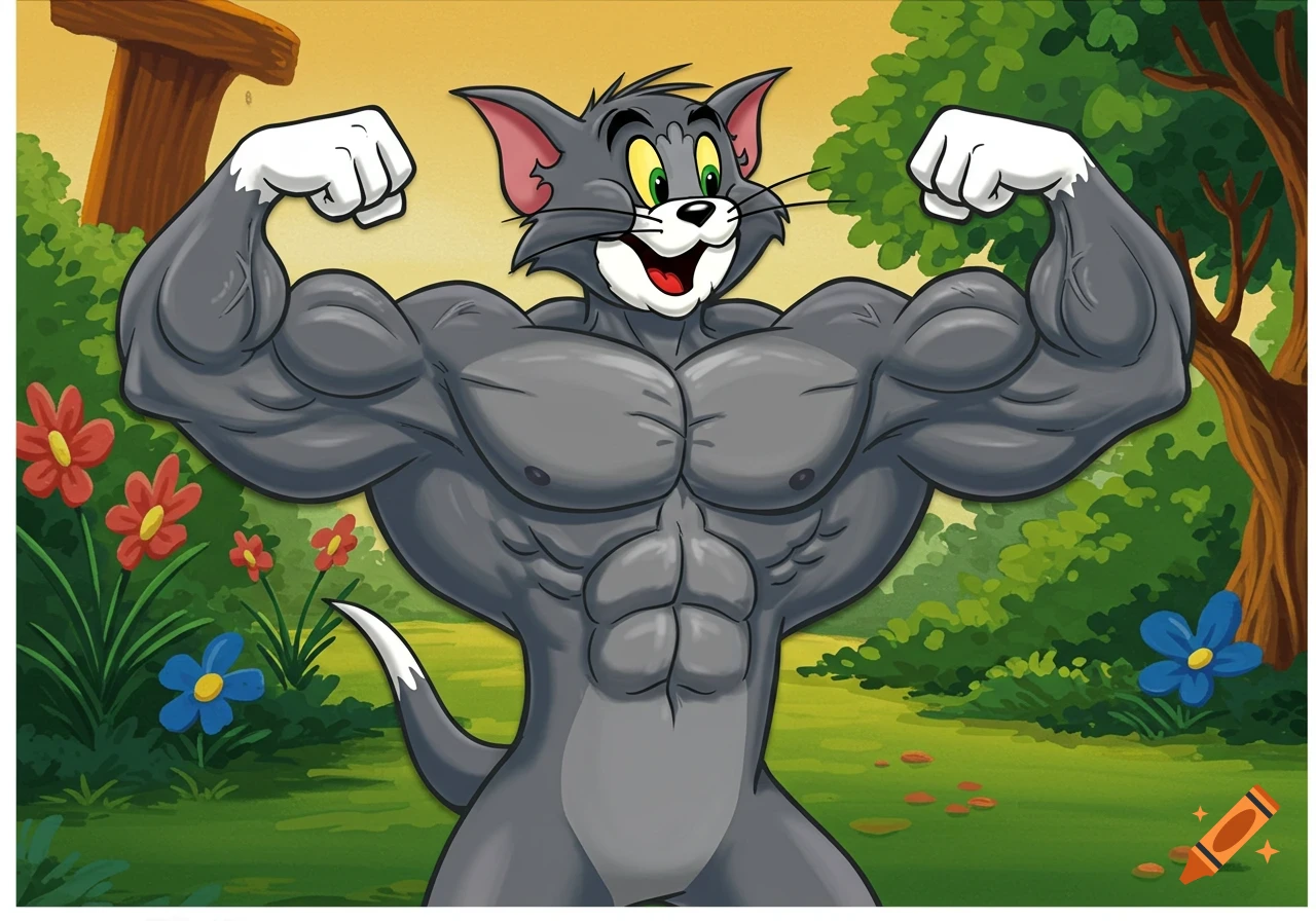 Cartoon Tom the cat flexing muscles in a forest setting.