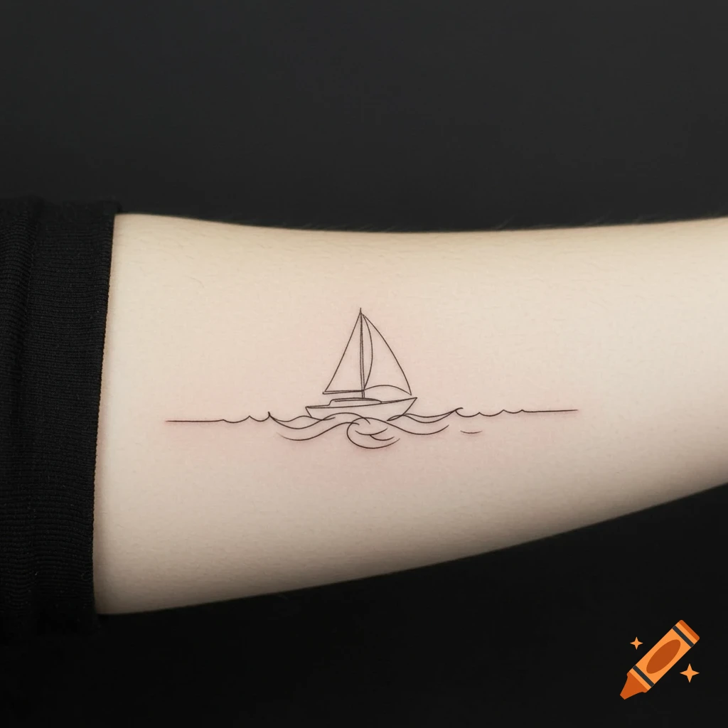 A minimalist line art tattoo of a sailboat on waves on an arm.