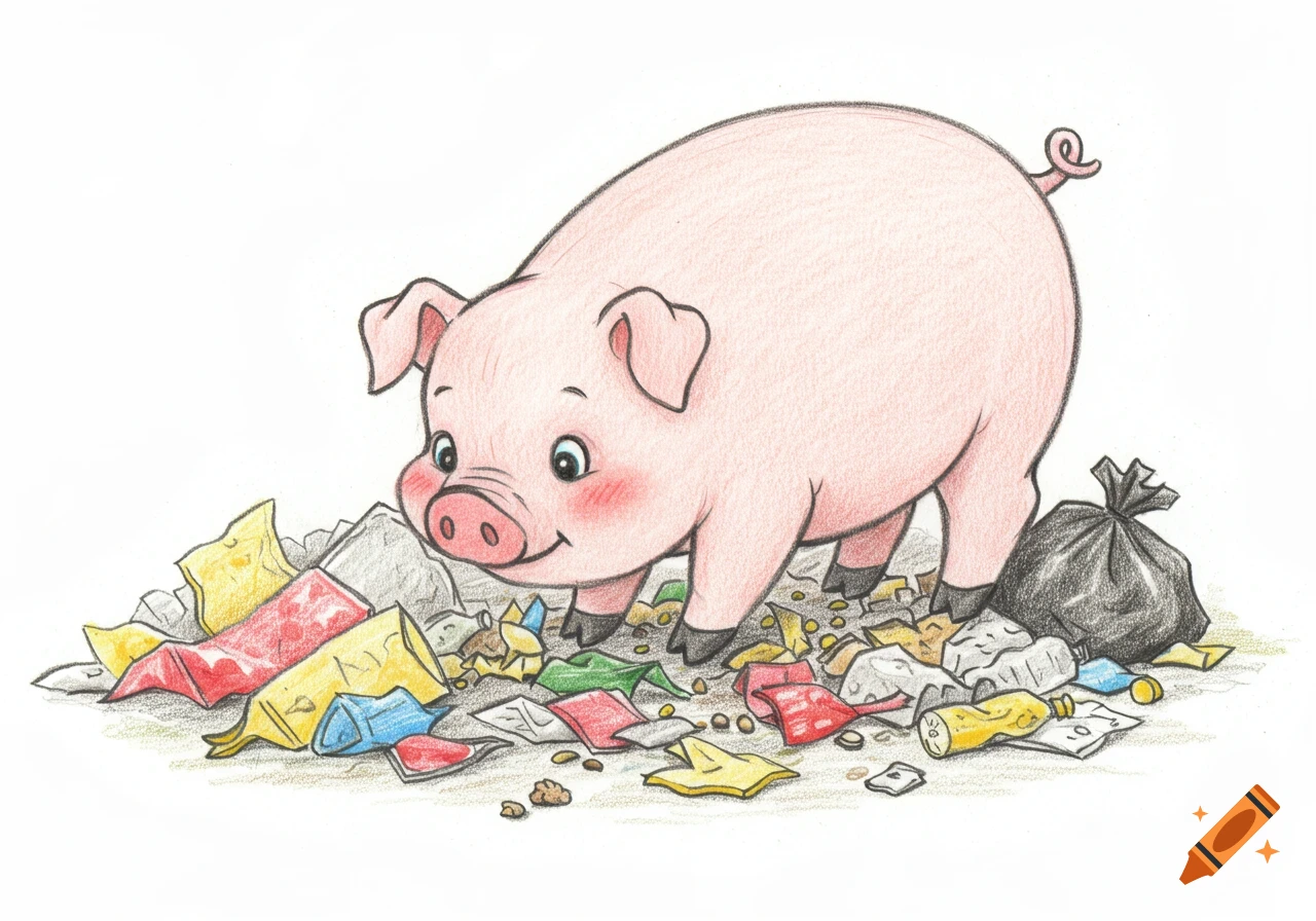 A cute pink pig rummages through a pile of colorful trash in a colored pencil drawing.