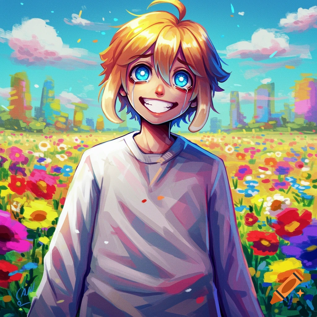 Anime illustration of a blonde child with bright blue eyes crying in a field of flowers with a stylized city in the background.