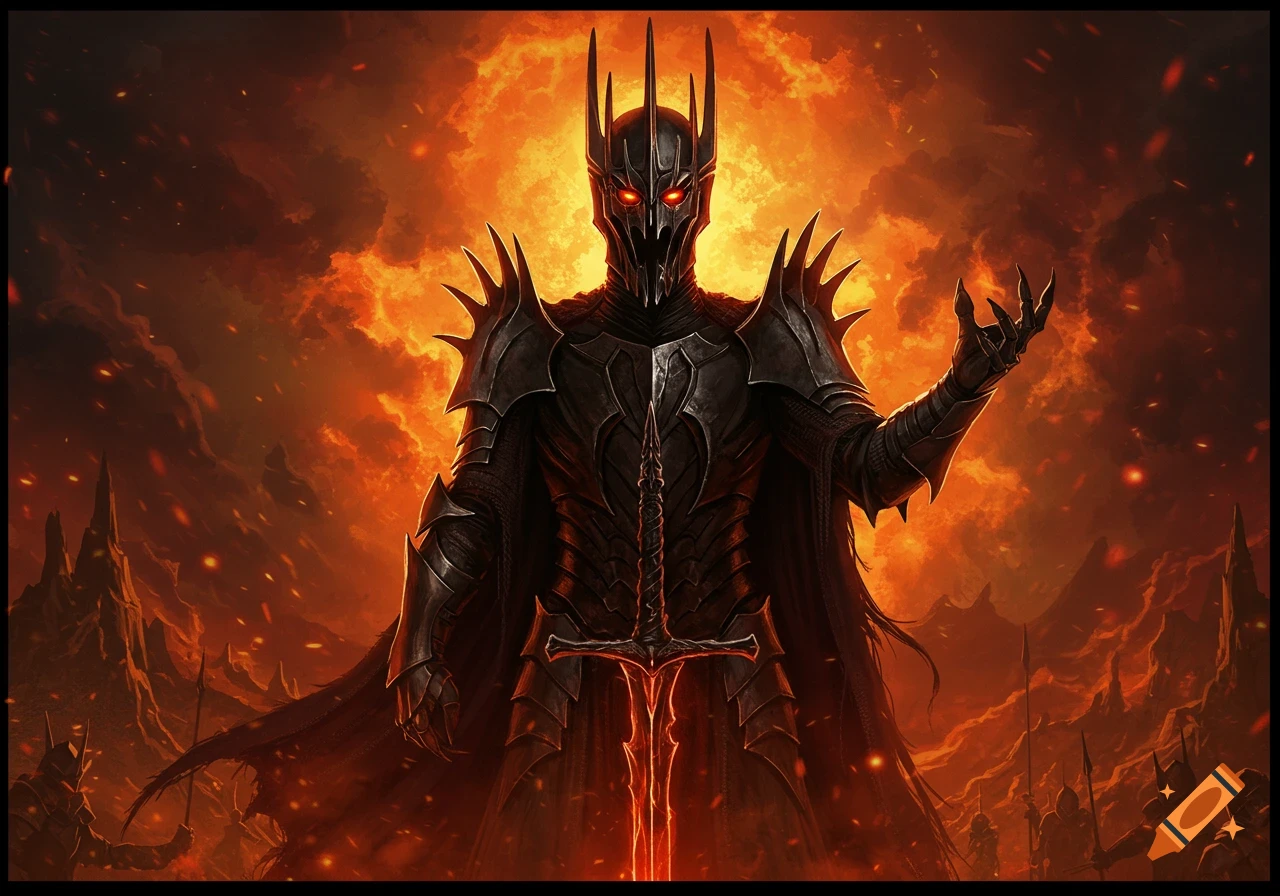 A dark lord in spiked black armor stands holding a sword against a fiery sky.
