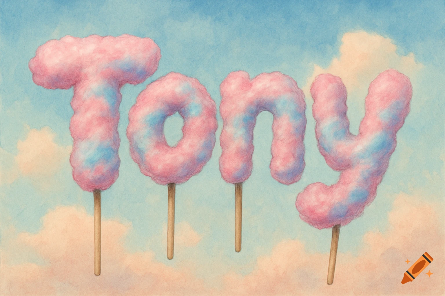 The name TONY spelled in pink and blue cotton candy letters on sticks against a cloudy sky background.