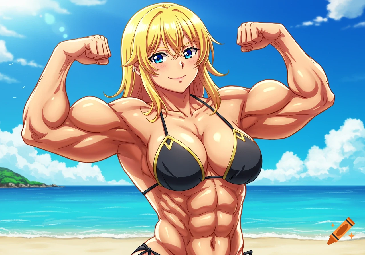 Muscular anime woman in a bikini flexing her biceps on a sunny beach.