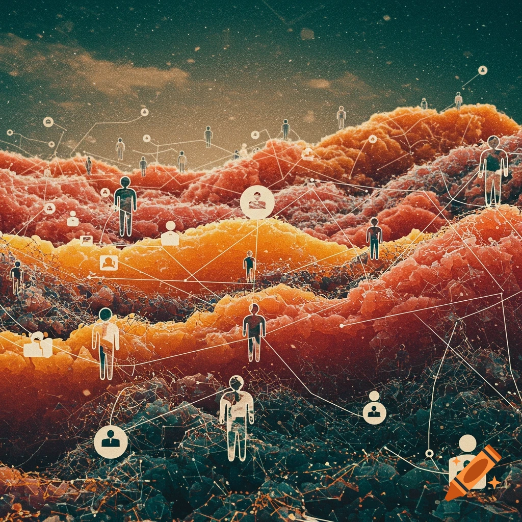 Abstract digital art depicting stylized figures connected by lines across an undulating, textured landscape.
